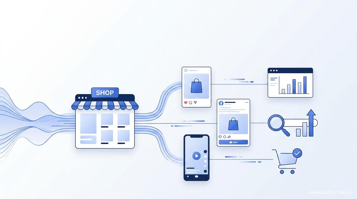 Illustrazione che collega sito, social, analytics, SEO e vendite